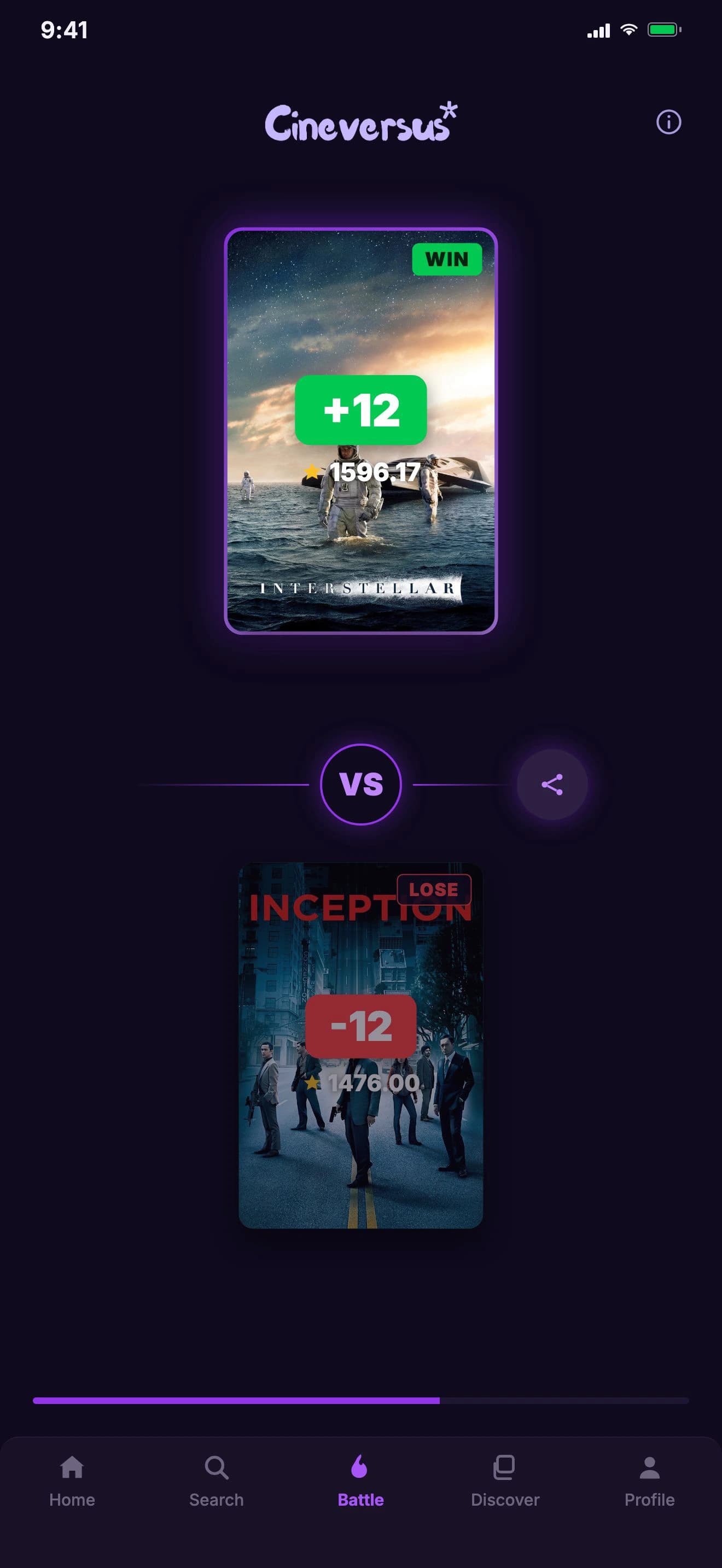 CineVersus battle screen: Interstellar versus Inception